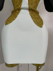 Joan Sexy Shiny Golden Rhinestone White Bandage Mini Dress Birthday Party Outfit Women