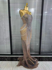 Meisha silver rhinestone strapless mesh mermaid gown for women. Elegant floor-length dress for parties, birthdays, and events.