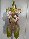 Clarice colorful floral diamond chain mesh bodysuit with luxury embellishments and fitted silhouette