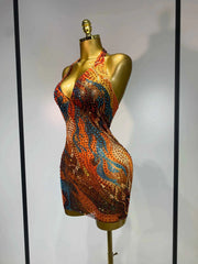 Kiara Sexy Halter Colorful Diamond Backless Mini Dress