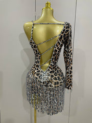 Turn heads in the Daniela leopard print rhinestone tassel mini dress. One-shoulder stretch party dress for birthdays, clubs, and special events.