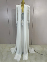 Dana white diamond mesh abaya maxi dress for women. Elegant luxury gown for weddings, birthdays, and evening parties.