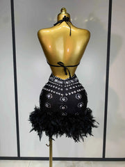 Women Sexy Halter Crystal Feathers Bodycon Mini Dress Nightclub Performance Stage Outfit Luxury Birthday Photo Shoot Dress