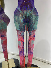 Debra sparkly rhinestone colorful print mesh halter backless jumpsuit for festival and party styling