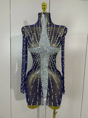 Ajay sheer mesh see-through sparkling diamond sequin long sleeve mini dress for women party night out