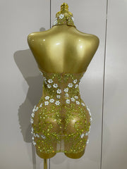 cLARICE sparkly rhinestones white flower see-through mini dress for women, sexy birthday party outfit, photoshoot gown, stage performance costume 2025