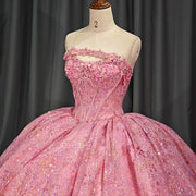 Pink 3D Flower Appliqués Quinceañera Dress