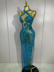 Zuri sleeveless transparent mesh long dress with intricate diamond and sequin patterns for a sparkly luxury evening look.