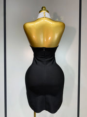 Shayla women’s black mini bodycon dress with white shirt collar and backless design for parties or club events.