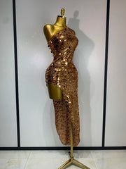 Carmen gold sequin one-shoulder high-slit bodycon dress for evening parties, cocktail events, or club celebrations.