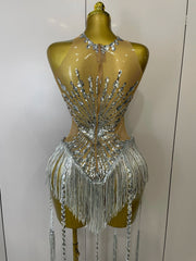 Desiree silver sequin diamond mesh tassel bodysuit sheer sexy outfit for stage performance and birthday party wear