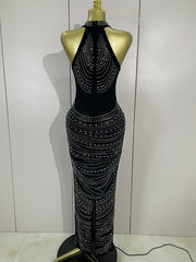 Candace elegant beaded diamond mesh sleeveless bodycon long dress for women’s evening or birthday celebrations.