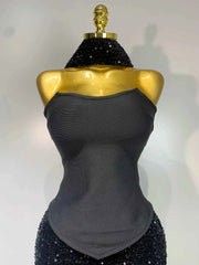 Mendi Sexy Strapless Sequin Black Maxi Long Bandage Three Piece Set