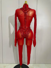 Luxury sheer rhinestone mesh jumpsuit with glittering diamonds and sequins for festival or stage wear.