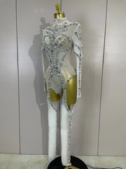 Grace sparkly diamond sequin long sleeve mesh see-through jumpsuit for nightclub and stage performance styling