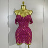 Turn heads in the Kyle rhinestone sequin off-the-shoulder mesh mini dress. Elegant party dress for birthdays, cocktail parties, and special events.