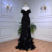 Black Luxury Beaded Feathers Mermaid Evening Dress 2025 Off Shoulder Sexy Slit