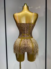 Frankie rhinestone fringe mesh bodysuit with bodycon fit. Luxury stage outfit for DJs, nightclub parties, performances, and glam events.