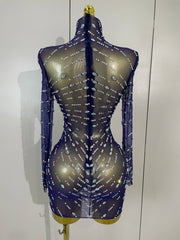 Ajay sheer mesh see-through sparkling diamond sequin long sleeve mini dress for women party night out