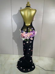 Lariza sexy halter mesh see-through long dress with sparkly diamond 3D flower detailing for evening gala styling