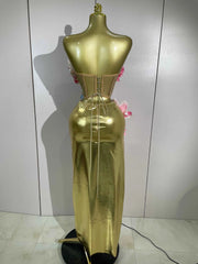 Women Elegant 3D Flower Golden Mesh Top Bodycon Long Dress Two-Piece Set Evening Party Luxury Birthday Club Bar Stage Costumes