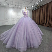 Flower Purple Beaded O-Neck Quinceañera Dress