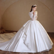 Satin O-Neck Backless Ball Gown Wedding Dress