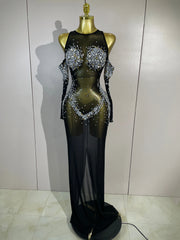 Karina sparkly diamond mesh backless maxi dress with matching sheer gloves