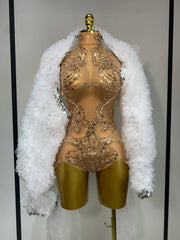 Denise sparkly rhinestone mesh bodysuit with sheer fabric and shimmering crystals.