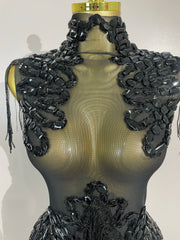 Sparkly rhinestone sequin tassel mesh stretch bodysuit for women’s party, birthday, and stage wear.