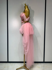 Strapless Pink Mesh Two Pieces Set Birthday Dress
