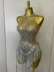 Desiree silver sequin diamond mesh tassel bodysuit sheer sexy outfit for stage performance and birthday party wear