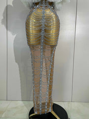 Luxury Sparkly Diamond Strapless Transparent Mesh Long Dress 2026 Women Birthday Eveing Party Gown Bar Singer Sexy Stage Costume