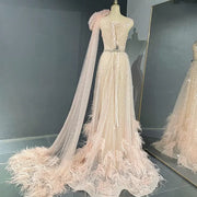 Blush Pink Feathers Luxury Evening Dress With Cape