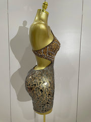 Maya sparkly rhinestones mirror mesh mini dress, sexy hollow-out luxury women’s party outfit 2025.