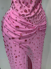Sasha sparkly pink crystal maxi long evening gown for luxury birthdays, parties, and weddings.