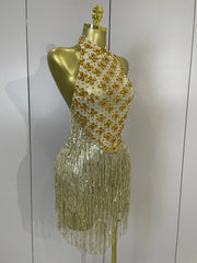 Aaliyah gold diamond mesh see-through tassel bodycon mini dress for night-out glam styling