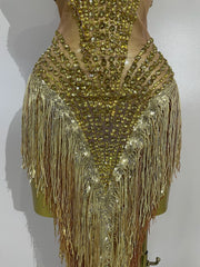 Vonda sparkly rhinestone and pearl tassel mesh see-through dress for evening parties, birthdays, or club events.