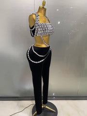 sparkle diamond crop top with matching velour pants set, perfect for birthdays, nightclub parties, and stage performances.