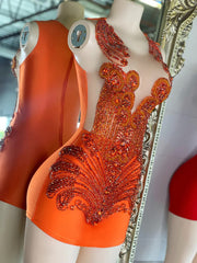 Cute Sheer Scoop Neckline See Through Women Cocktail Gowns Orange Beaded Short Prom Dresses