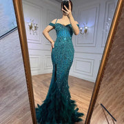 Black Luxury Beaded Feathers Mermaid Evening Dress 2025 Off Shoulder Sexy Slit