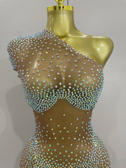 Sasha one shoulder rhinestone mesh sheer mini dress for women. Sexy party outfit for birthdays, nightlife, and stage wear.