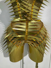 Women Sexy Evening Party Birthday Nightclub Stage Costume Luxury Sparkly Gold Diamonds Sequins Crop Top Shorts Two Pieces Set