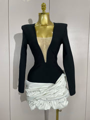 Sexy black and White mesh long sleeve bandage mini dress – women’s bodycon evening birthday party gown