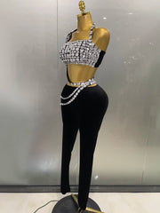 sparkle diamond crop top with matching velour pants set, perfect for birthdays, nightclub parties, and stage performances.