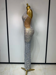 Charm sparkly rhinestone halter mesh v neck backless dress