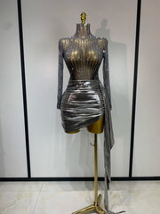Yen long sleeve sheer mesh mini dress featuring sparkling rhinestone embellishments for a glamorous party look