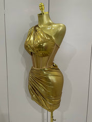Gold sexy one shoulder mesh short skirt party dress for women.