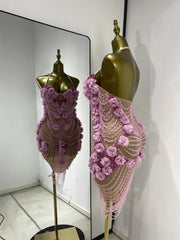 Joys pink rhinestone flower pearl tassel mini dress for women. Fairy-style party outfit for birthdays, nightlife, and clubwear.