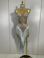 Vonda sparkly rhinestone and pearl tassel mesh see-through dress for evening parties, birthdays, or club events.